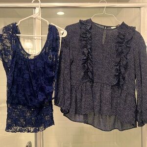H&M navy blue ruffled blouse with small polka dots